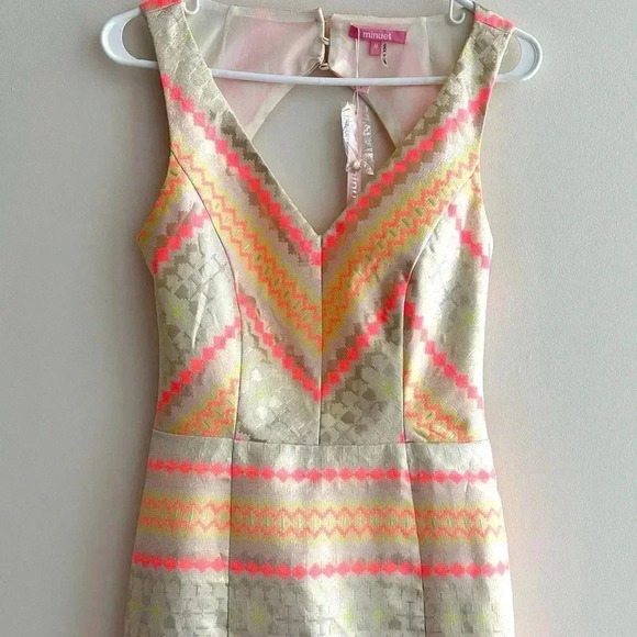 Minuet Aztec Print Neon and Gold Cocktail Dress, Open Back Dress, Size Medium - Picture 1 of 16